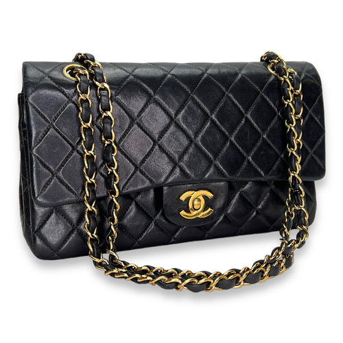 Flap Medium Black Shoulder Bag in Lambskin, Gold hardware