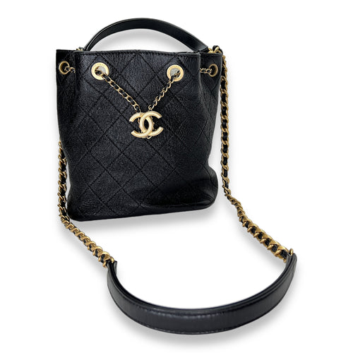 Quilted Drawstring Black Bucket Bag in Calfskin, Gold hardware