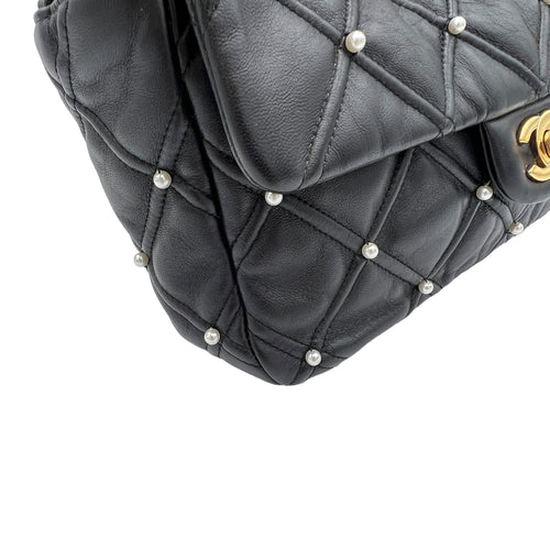 Pearl studded flap Medium Black Crossbody Bag in Calfskin, Gold hardware