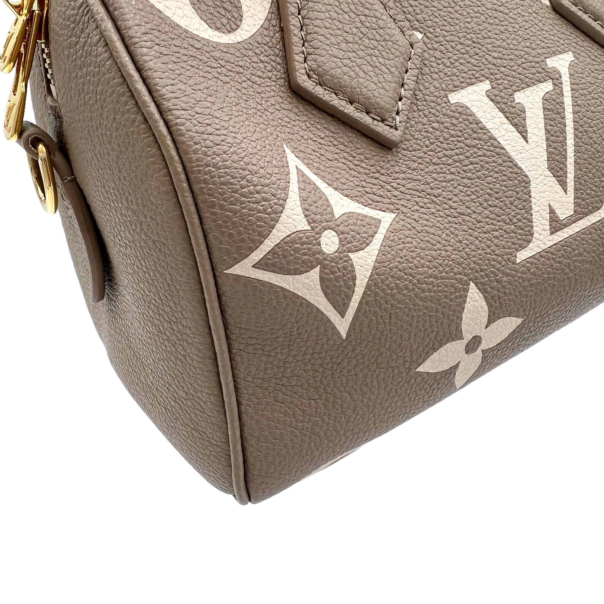 Speedy Bandouliere 20 Grey Top Handle Bag in Monogram Empreinte Leather, Gold hardware