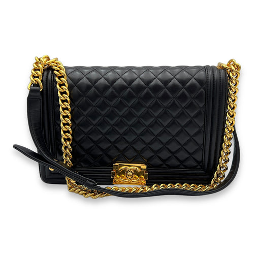 Boy Medium Black Shoulder Bag in Lambskin, Gold hardware