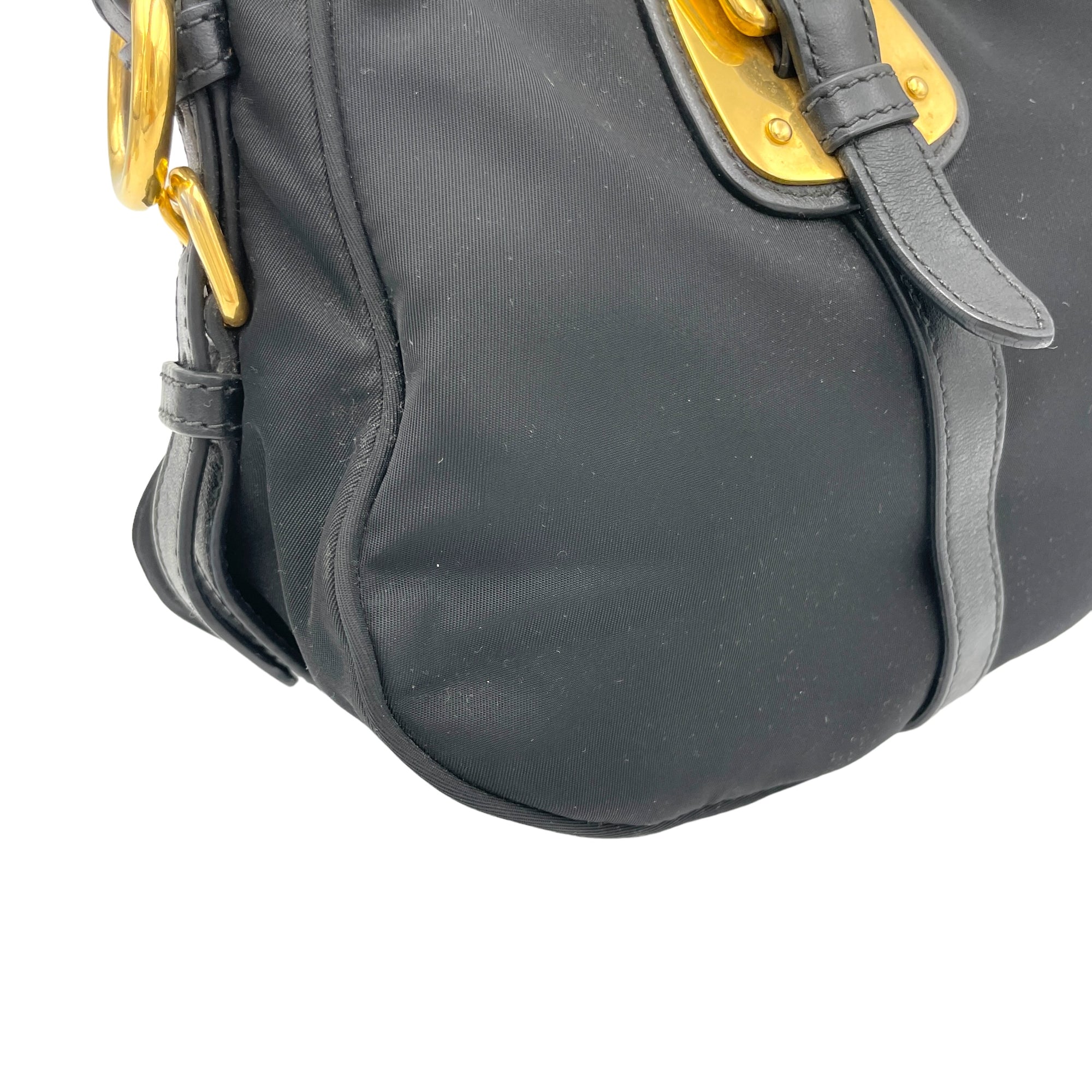 Two-Way Black Top Handle Bag in Nylon, Gold hardware