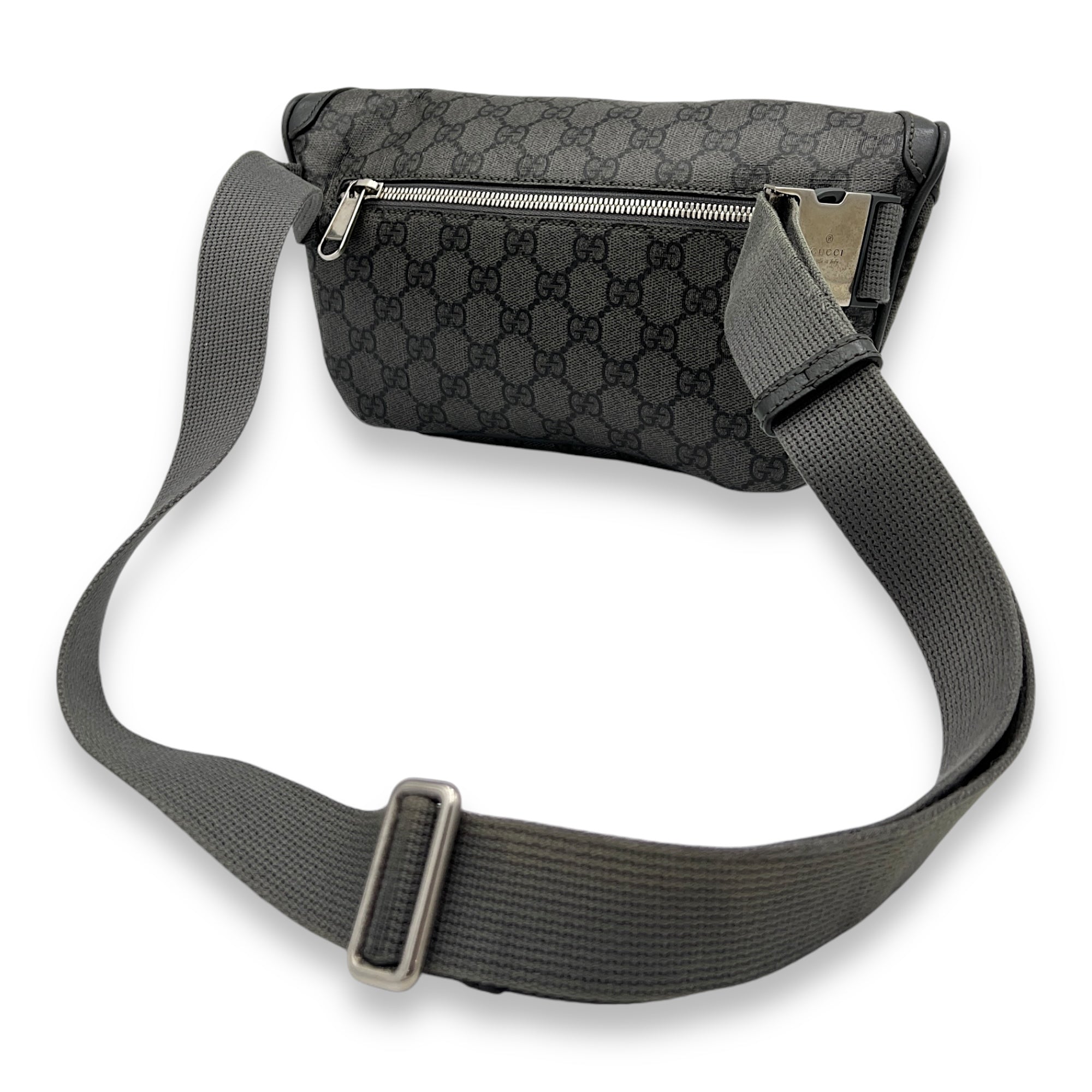 Ophidia Small Grey Belt Bag in Monogram Coated Canvas, Silver hardware