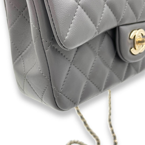 Classic Flap Rectangle Grey Top Handle Bag in Lambskin, Light Gold hardware