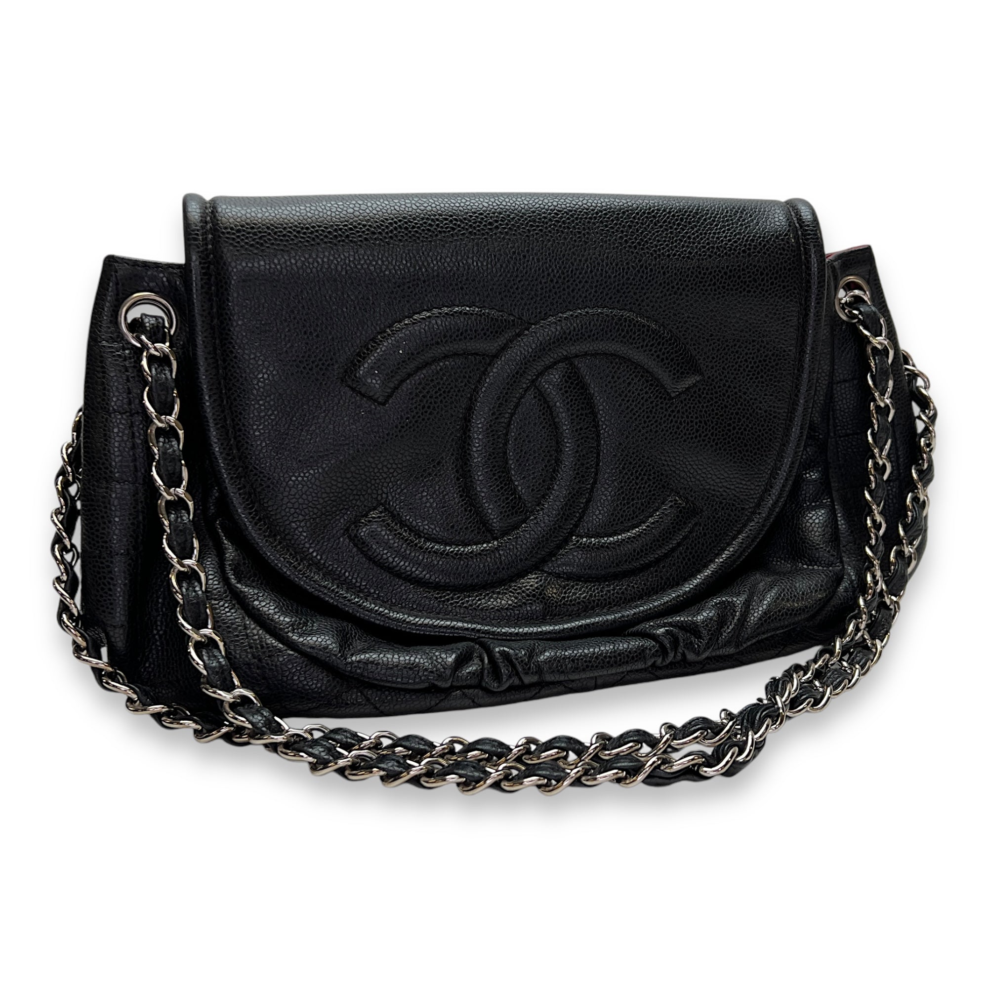 Half Moon Black Shoulder Bag in Caviar Leather, Silver hardware