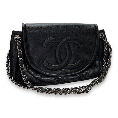 Half Moon Black Shoulder Bag in Caviar Leather, Silver hardware