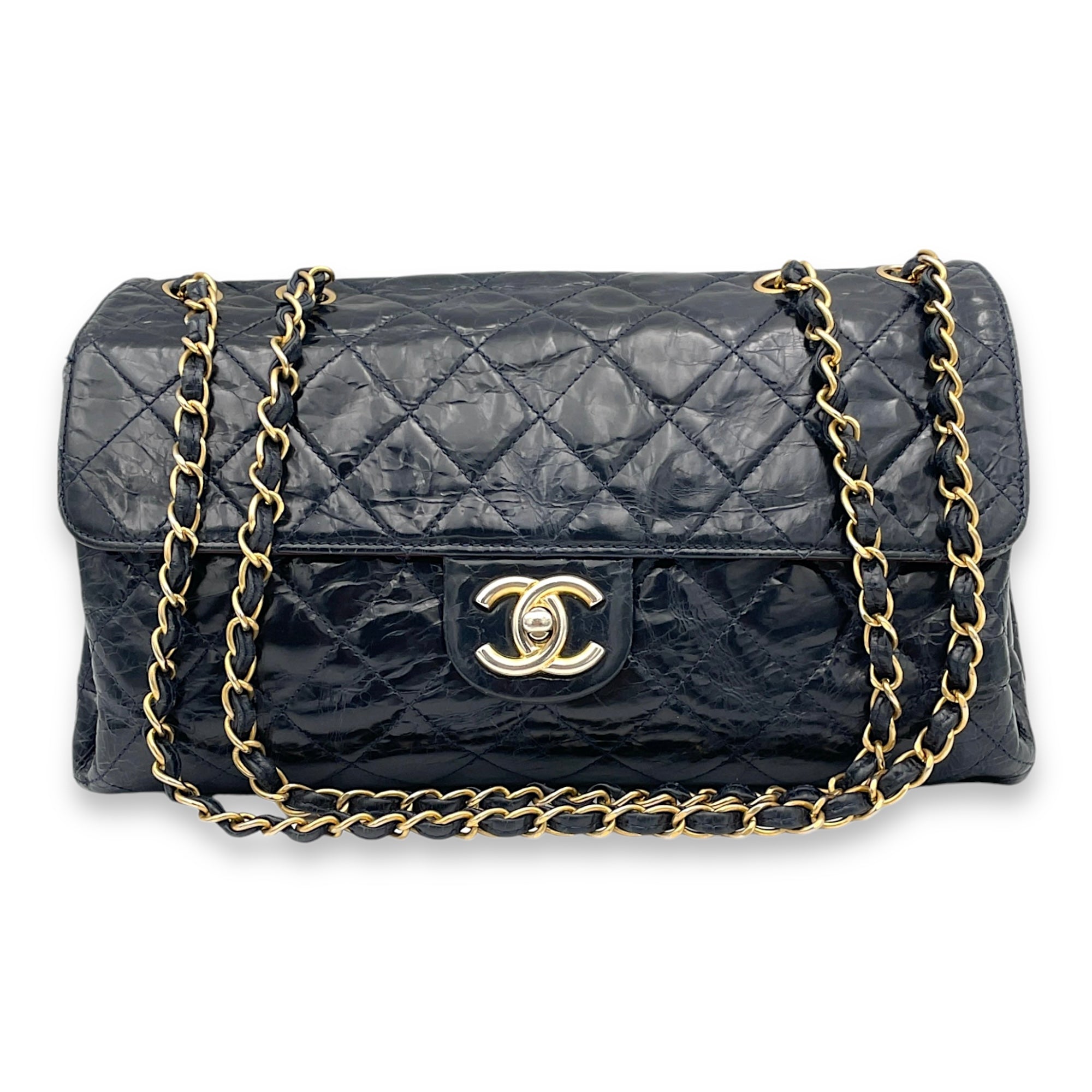 CC Turnlock Crinkled Navy Shoulder Bag in Calfskin, Gold hardware