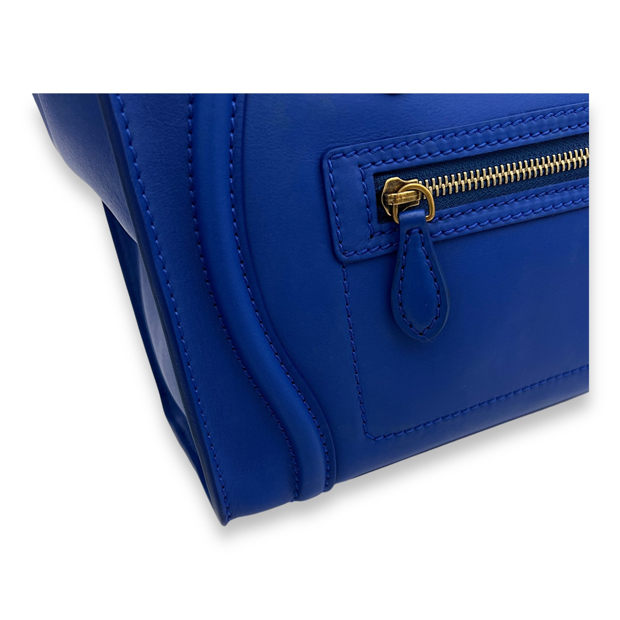 Luggage Micro Blue Top Handle Bag in Calfskin, Gold hardware