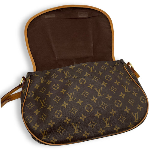 Menilmontant MM Brown Crossbody Bag in Monogram Coated Canvas, Gold hardware