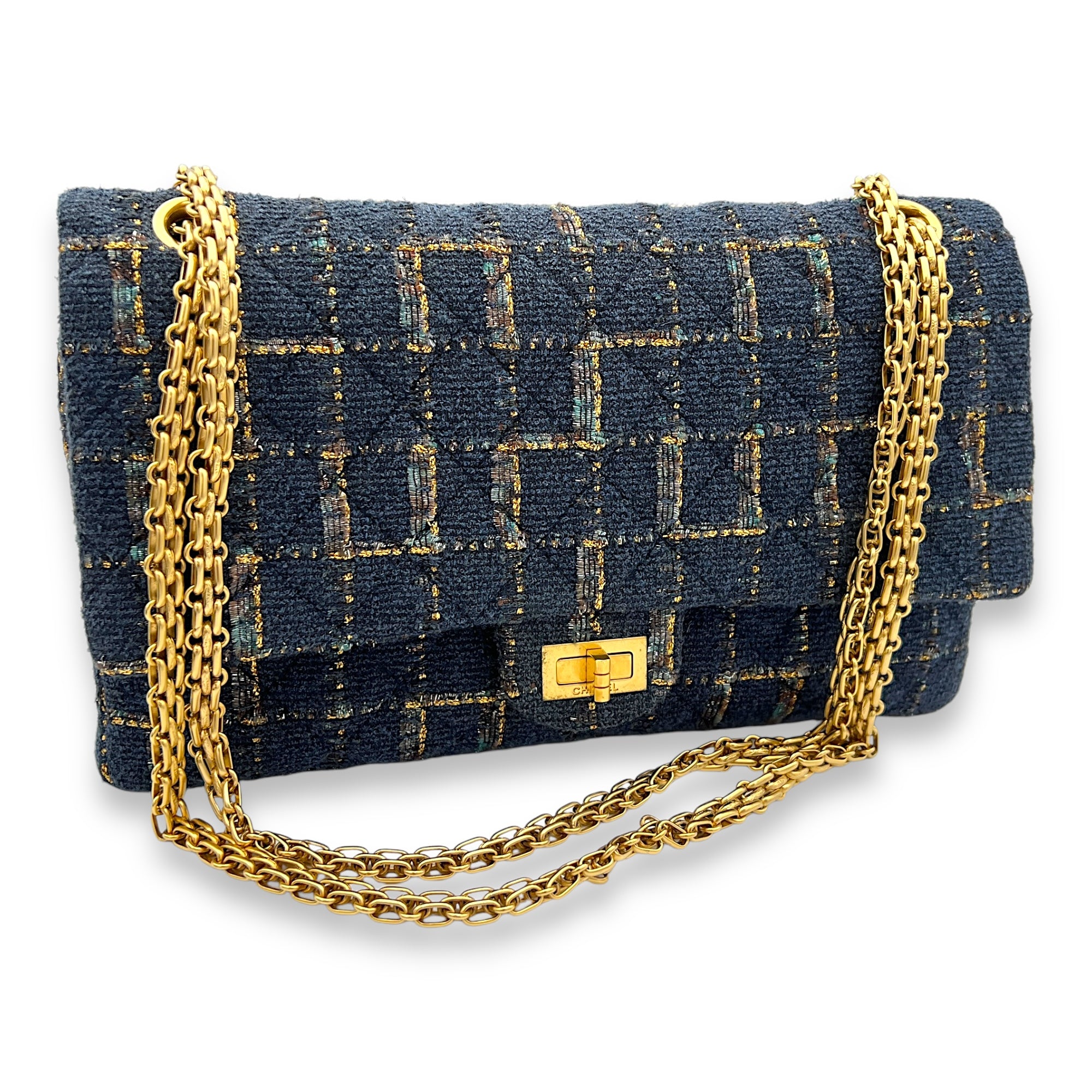 Fantasy 2.55 Reissue Blue Shoulder Bag in Tweed, Gold hardware