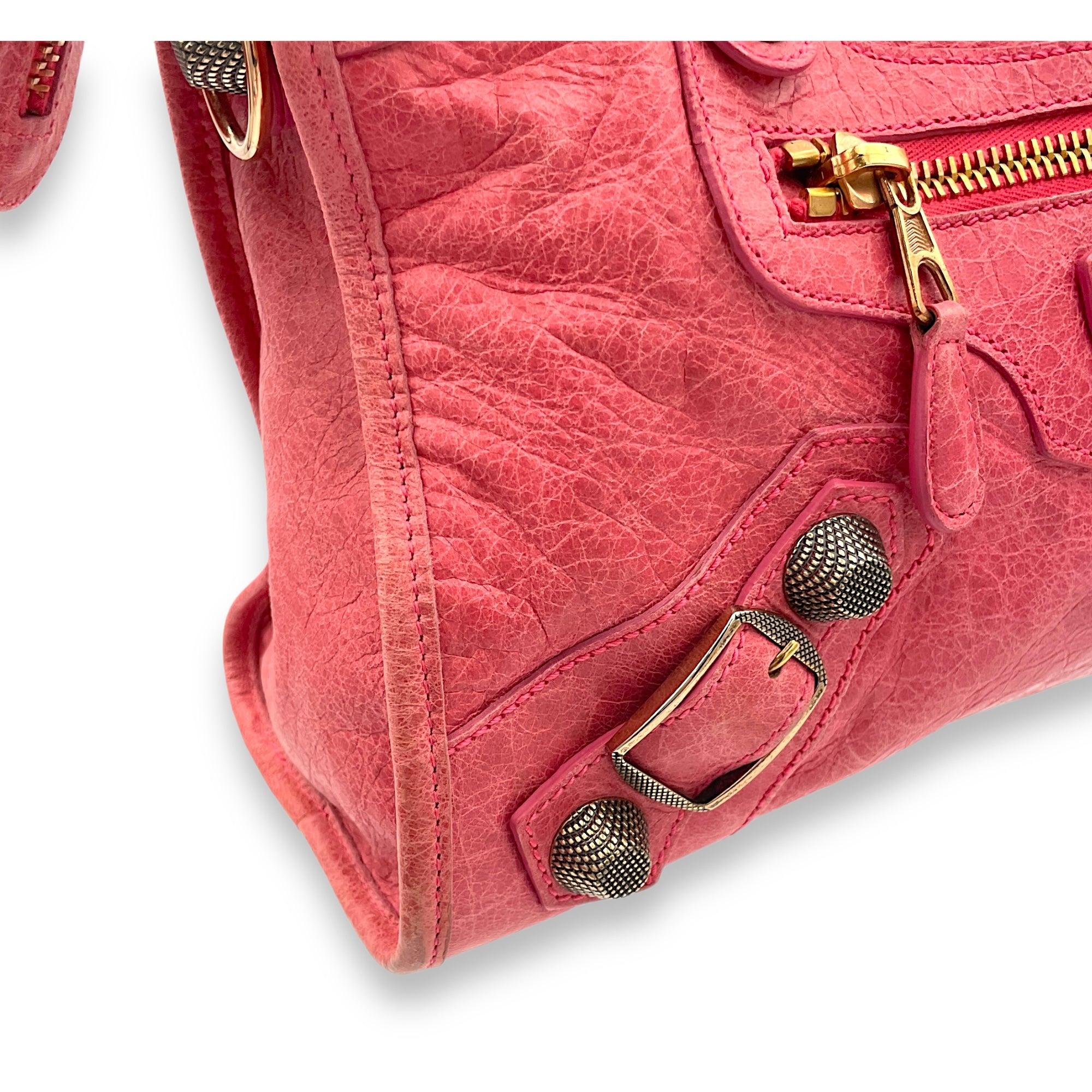 City Medium Pink Top Handle Bag in Distressed Leather, Rose Gold hardware