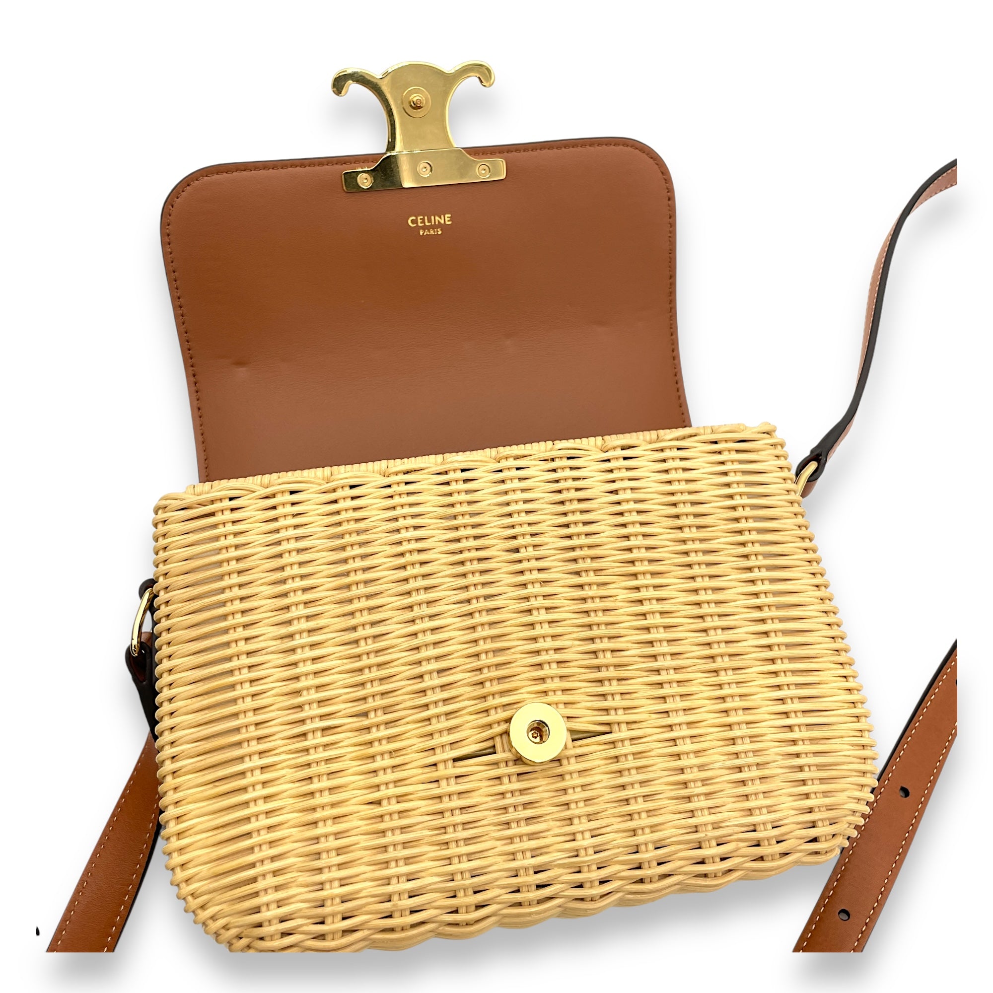 Triomphe Teen Brown Crossbody Bag in Wicker and Calfskin, Gold hardware