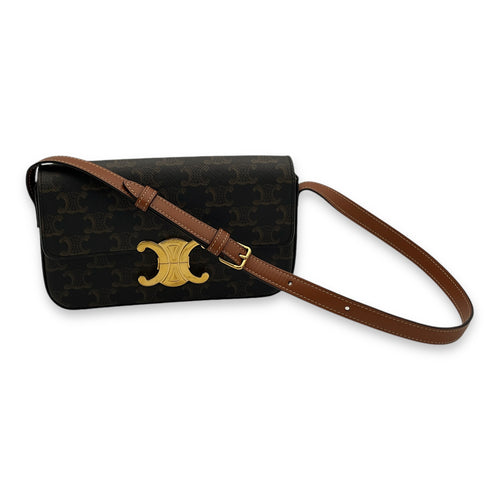 Triomphe Brown Shoulder Bag in Coated Canvas, Gold hardware