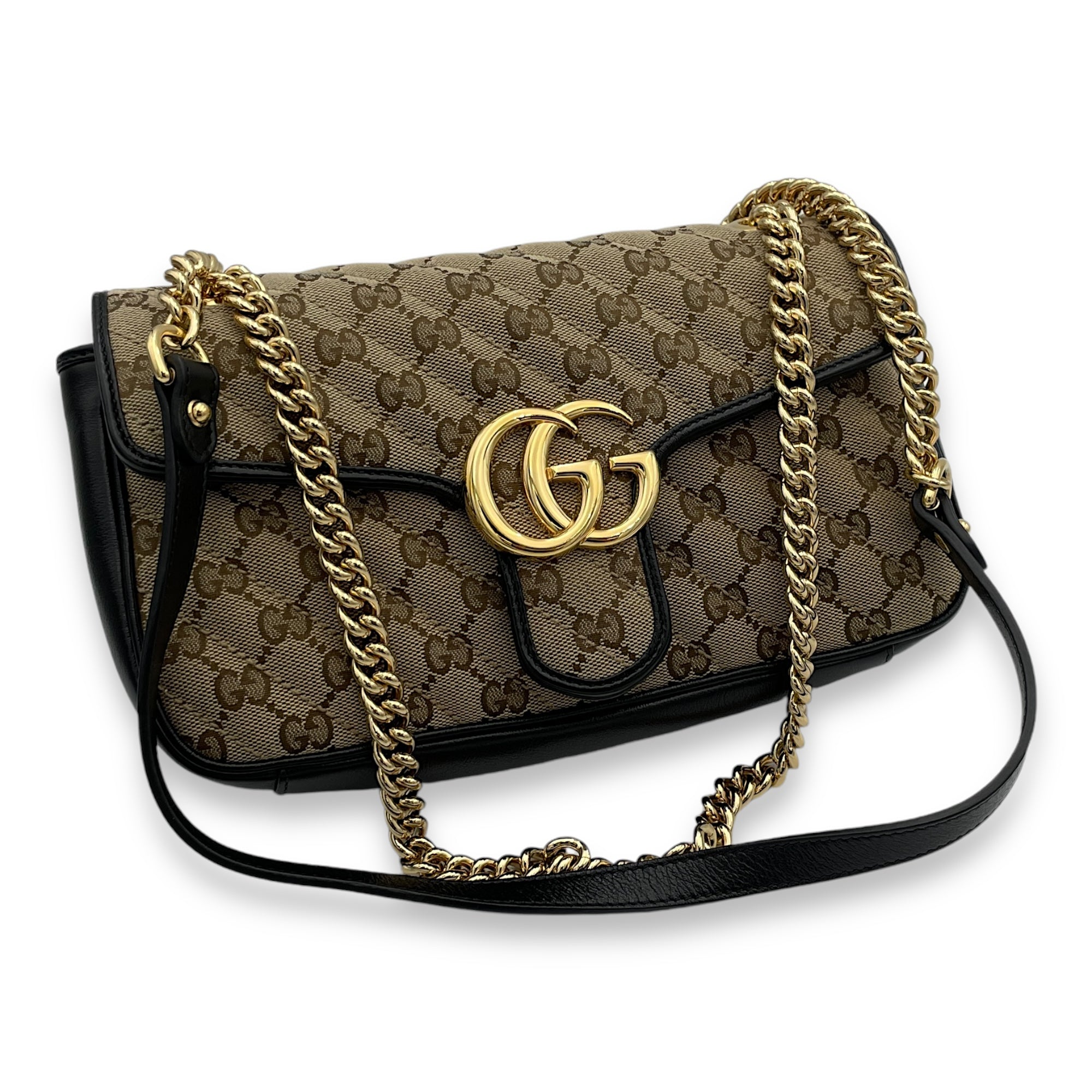 GG Marmont Top Handle Bag Medium Brown in Canvas, Gold hardware