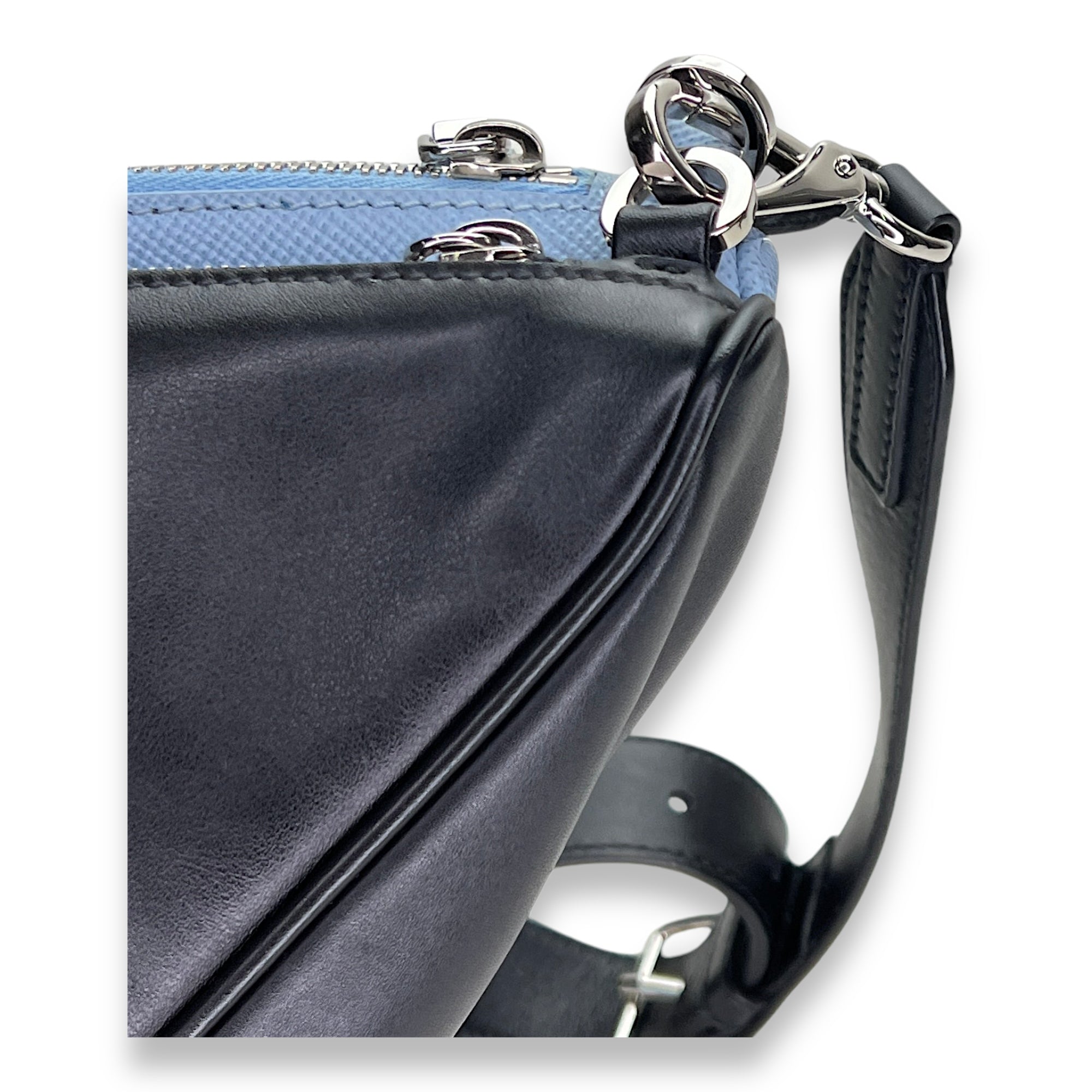 Double Triangle Logo Shoulder bag in Saffiano leather, Silver Hardware