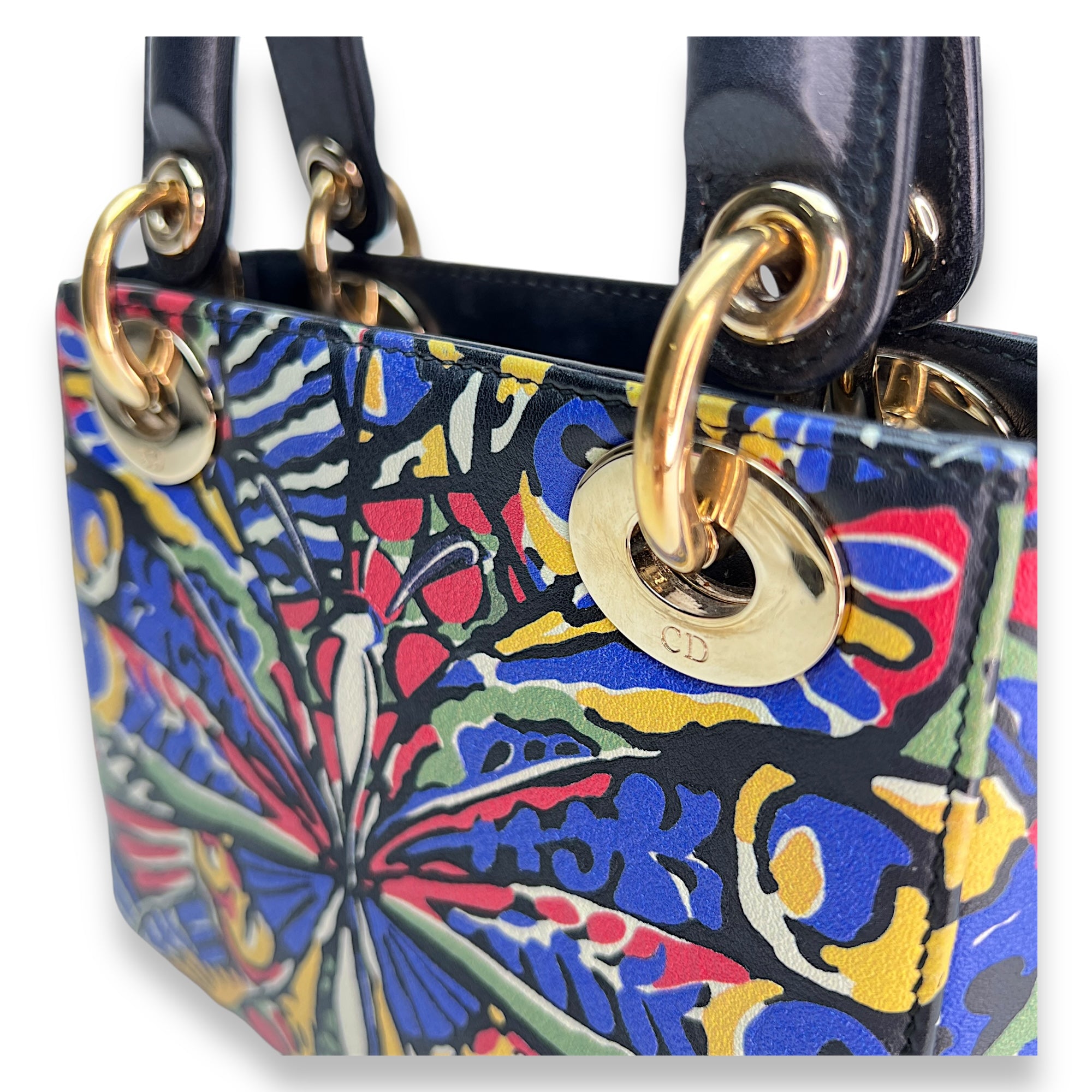 Butterfly Print Lady Dior mini Top handle bag in Calfskin, Gold Hardware