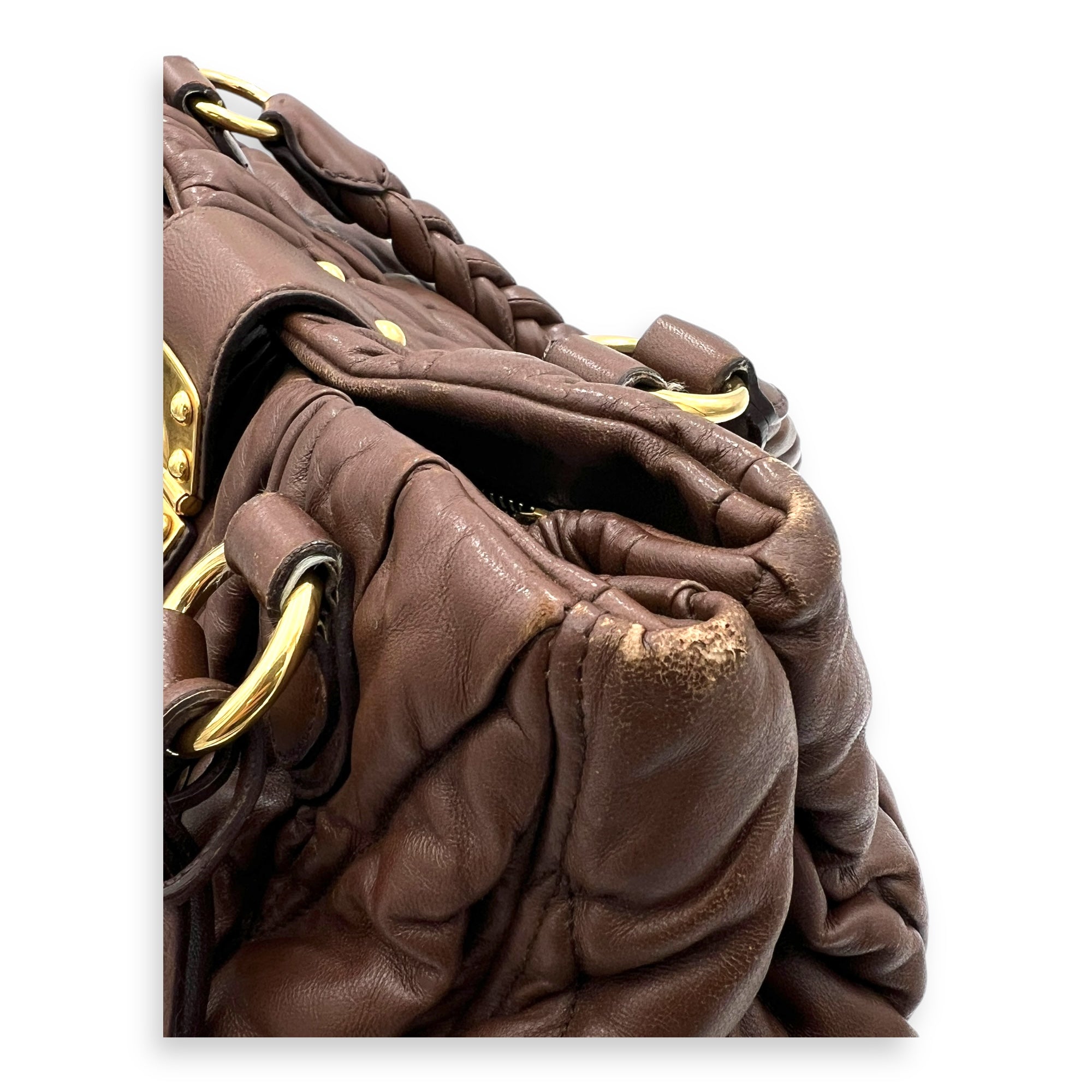 Matelassé Brown Top Handle Bag in Calfskin, Gold hardware