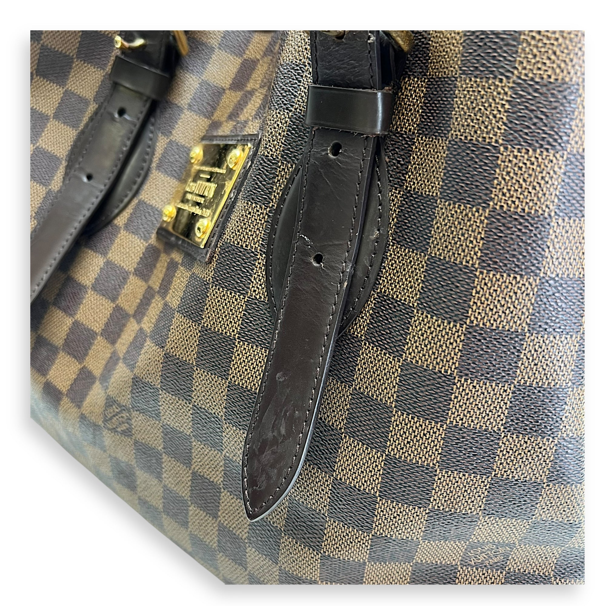 Hampstead MM Damier Ebene Top Handle Bag in Coated Canvas, Gold hardware