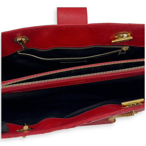 Cassandre Red Tote Bag in Caviar Leather, Gold hardware