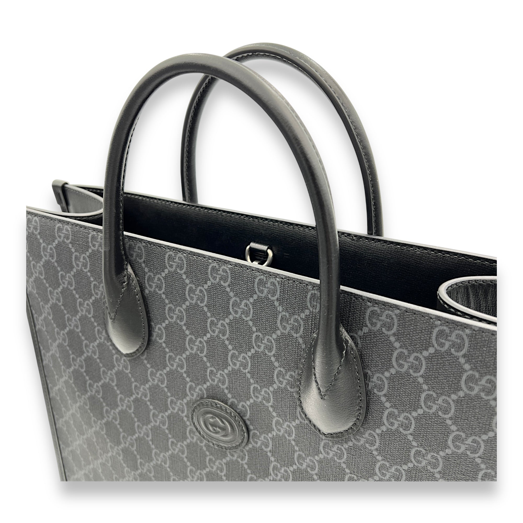 Interlocking G Tote Bag Medium Black in Monogram Coated Canvas, Silver hardware