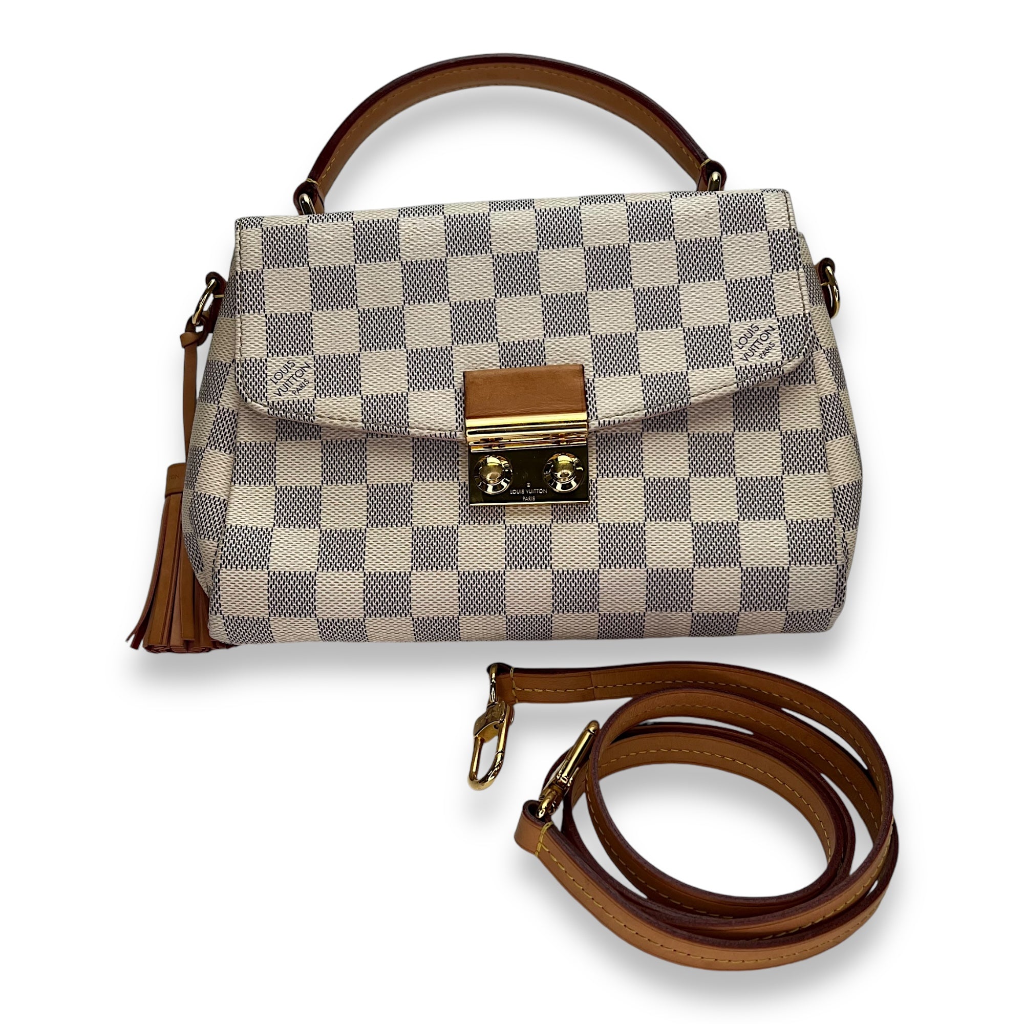 Croisette Damier Azur Top Handle Bag in Coated Canvas, Gold hardware