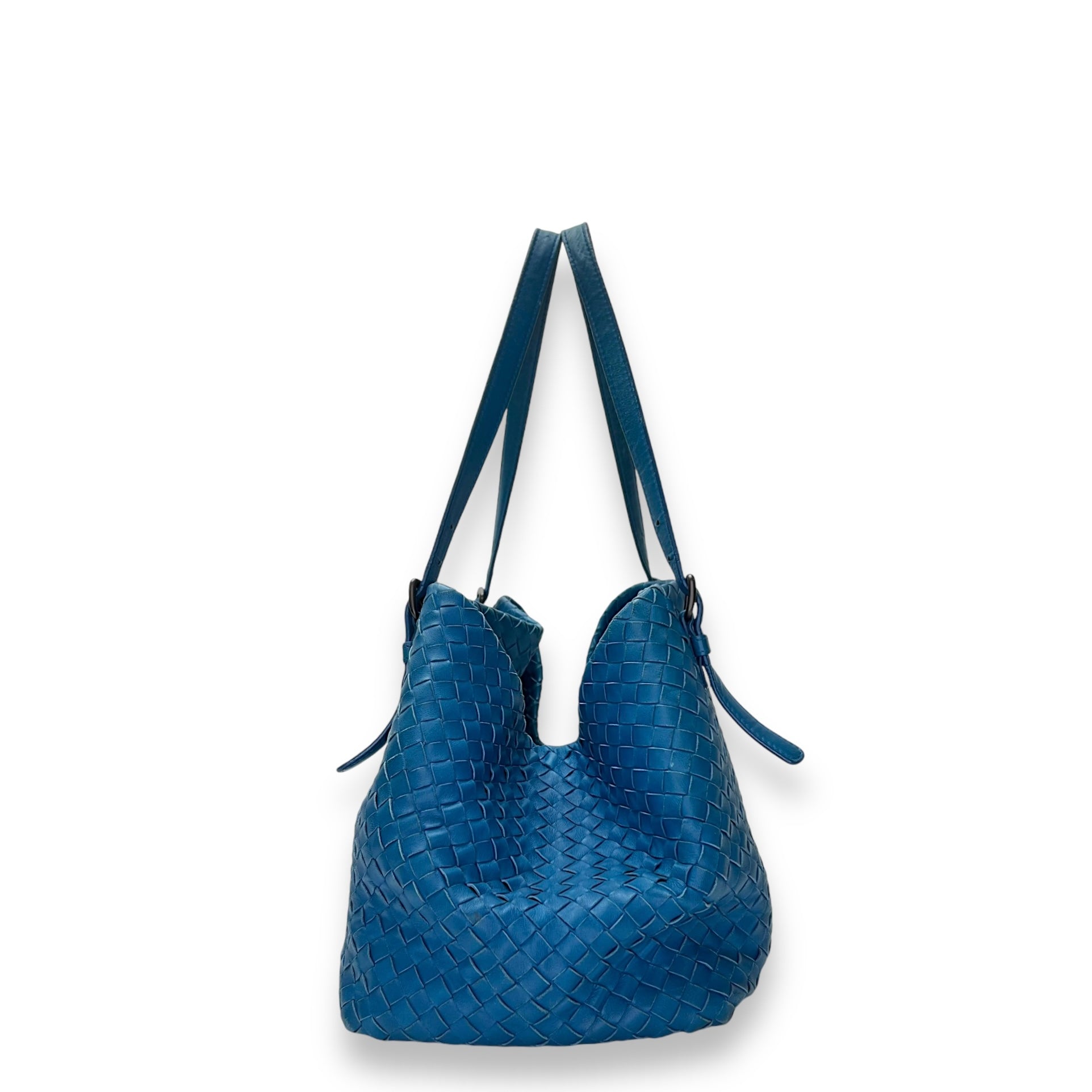 Intrecciato Blue Tote Bag in Lambskin, Ruthenium hardware