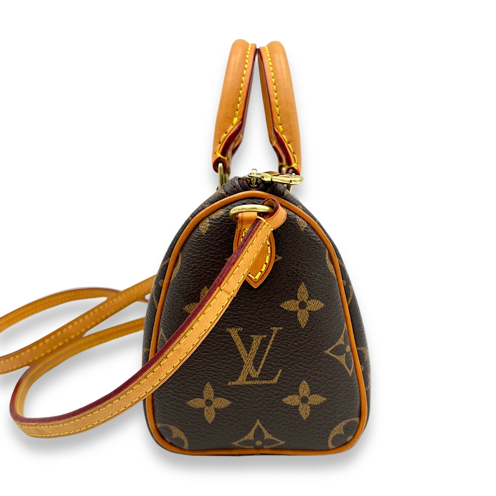 Speedy Bandouliere Nano Brown Top Handle Bag in Monogram Coated Canvas, Gold hardware