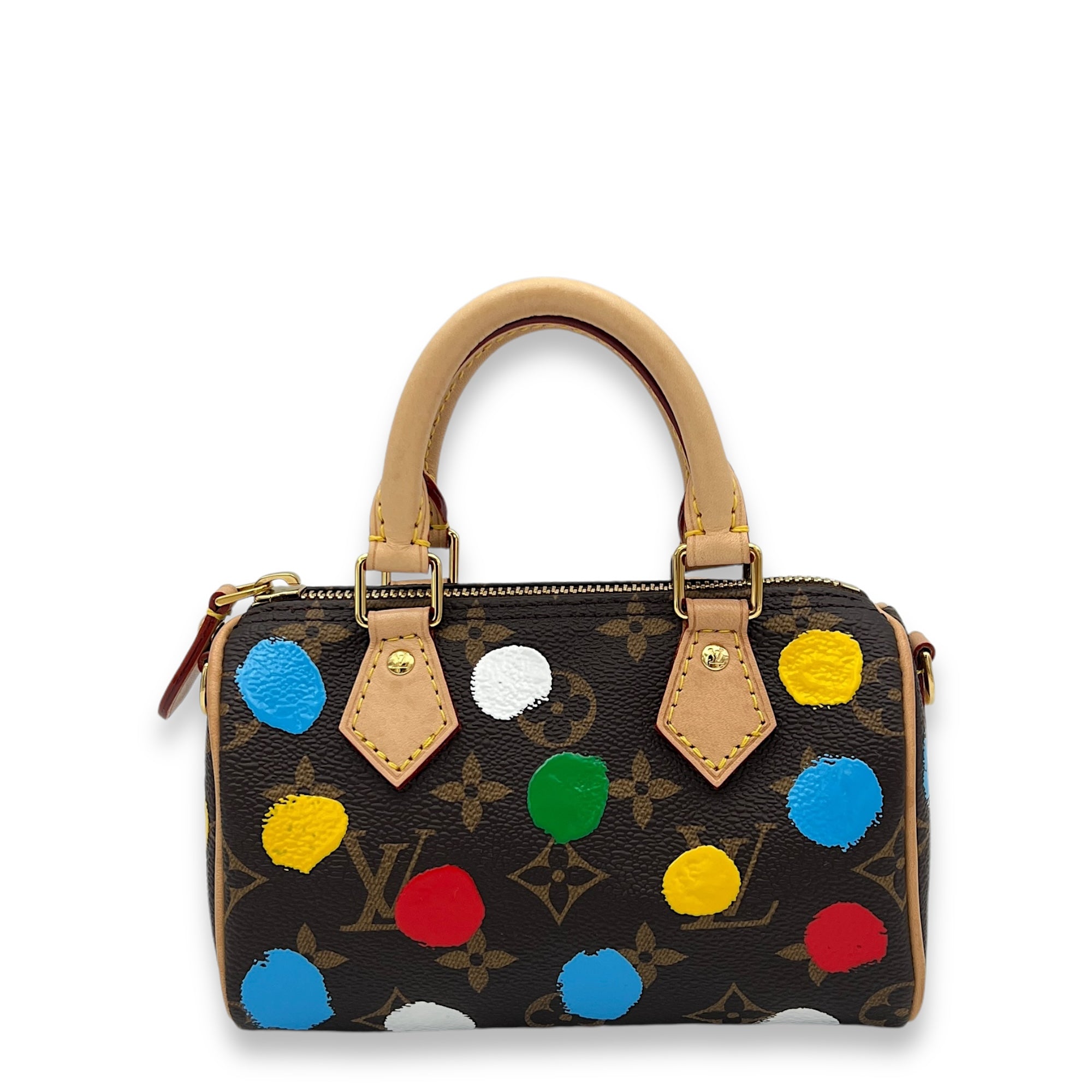 Speedy Bandouliere X Yayoi Kusama Nano Brown Top Handle Bag in Monogram Coated Canvas, Gold hardware