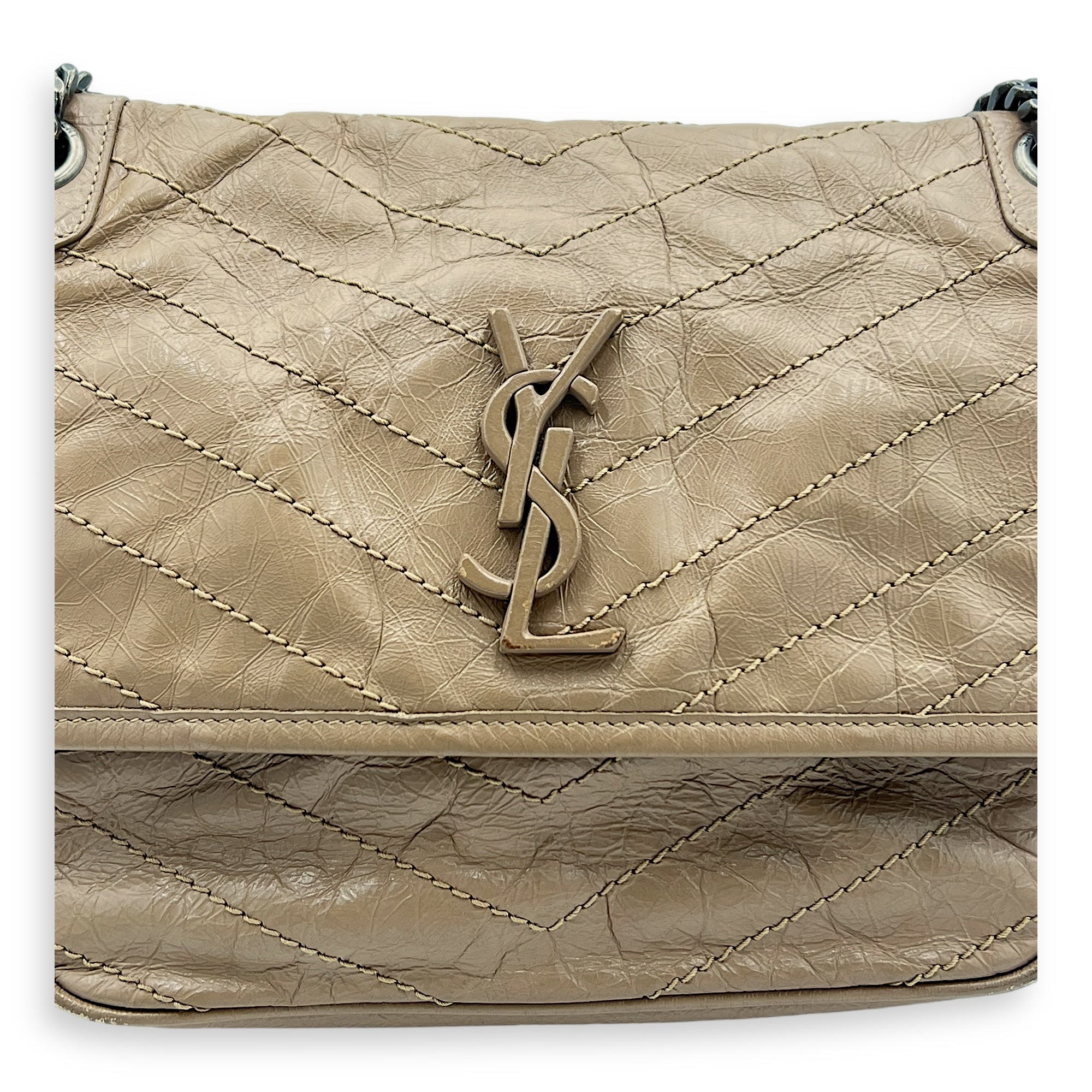 Niki Shoulder Bag Beige in Distressed Leather, Ruthenium hardware