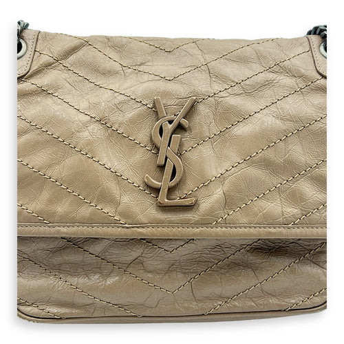 Niki Shoulder Bag Beige in Distressed Leather, Ruthenium hardware