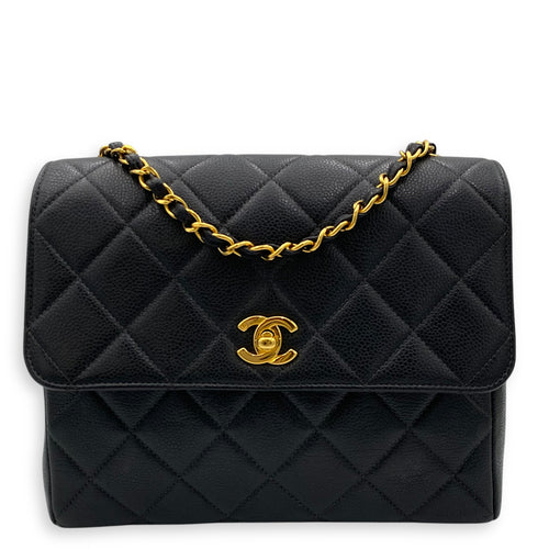 Vintage Square Flap Black Crossbody Bag in Caviar Leather, Gold hardware