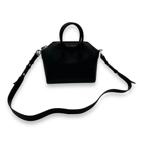 Antigona Mini Black Top Handle Bag in Goat Leather, Silver hardware