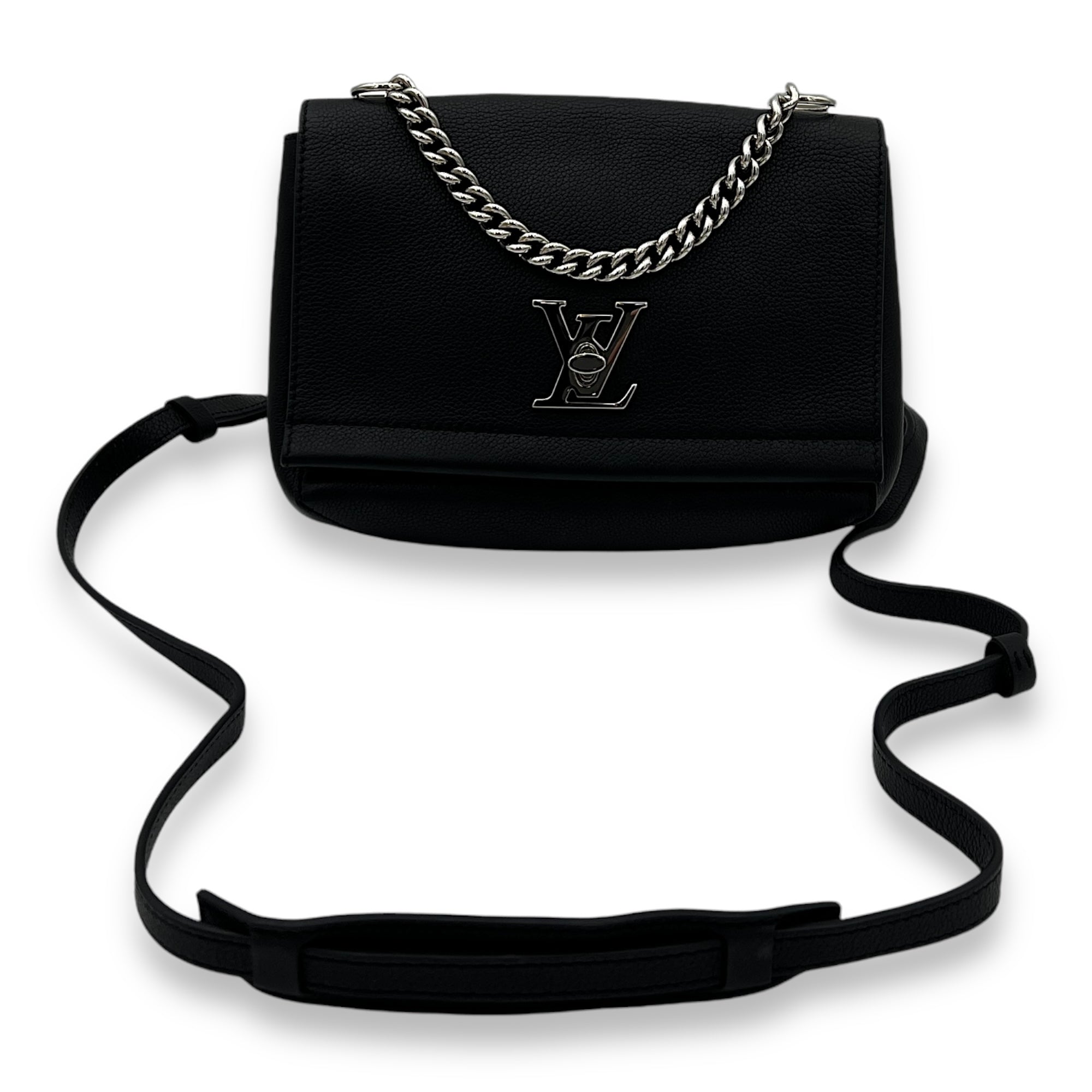 Lockme II BB Black Crossbody Bag in Calfskin, Silver hardware