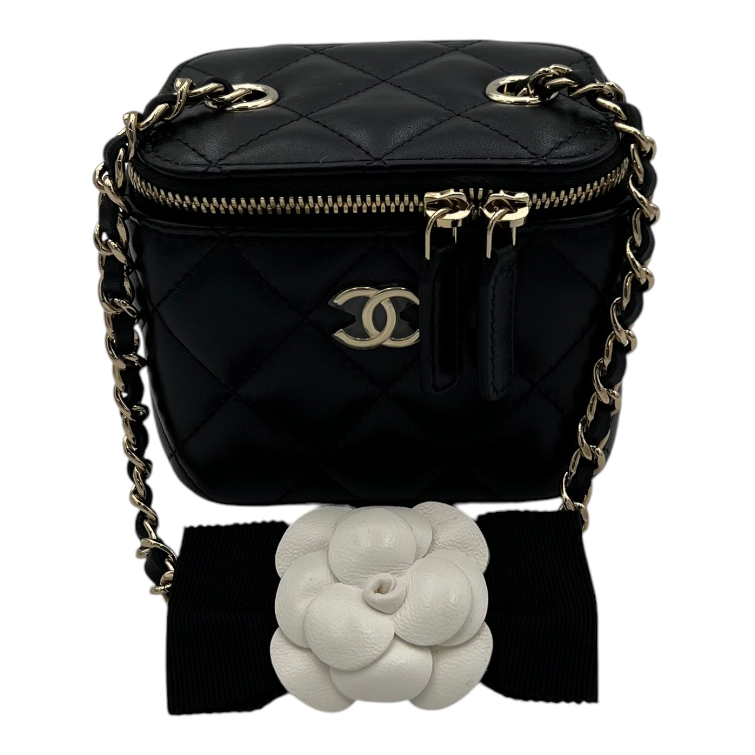 Camellia Vanity Mini Black Crossbody Bag in Lambskin, Gold hardware