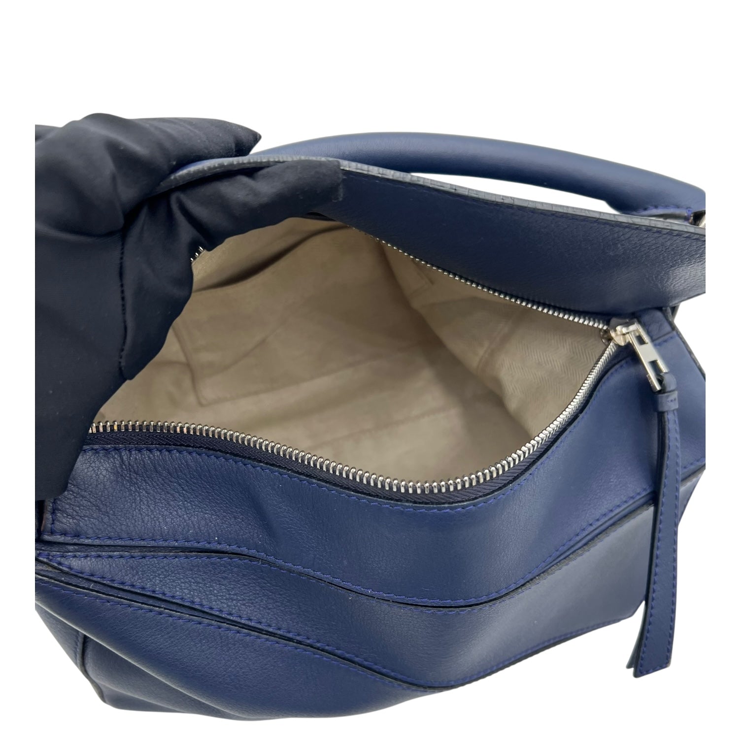 Puzzle Medium Blue Top Handle Bag in Calfskin, Silver hardware