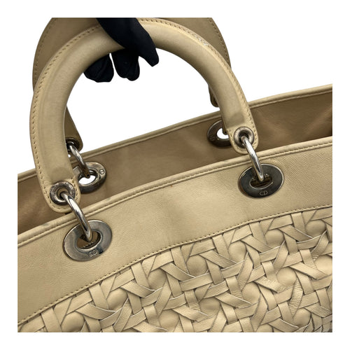 Avenue Cannage Weave Beige Top Handle Bag in Lambskin, Silver hardware