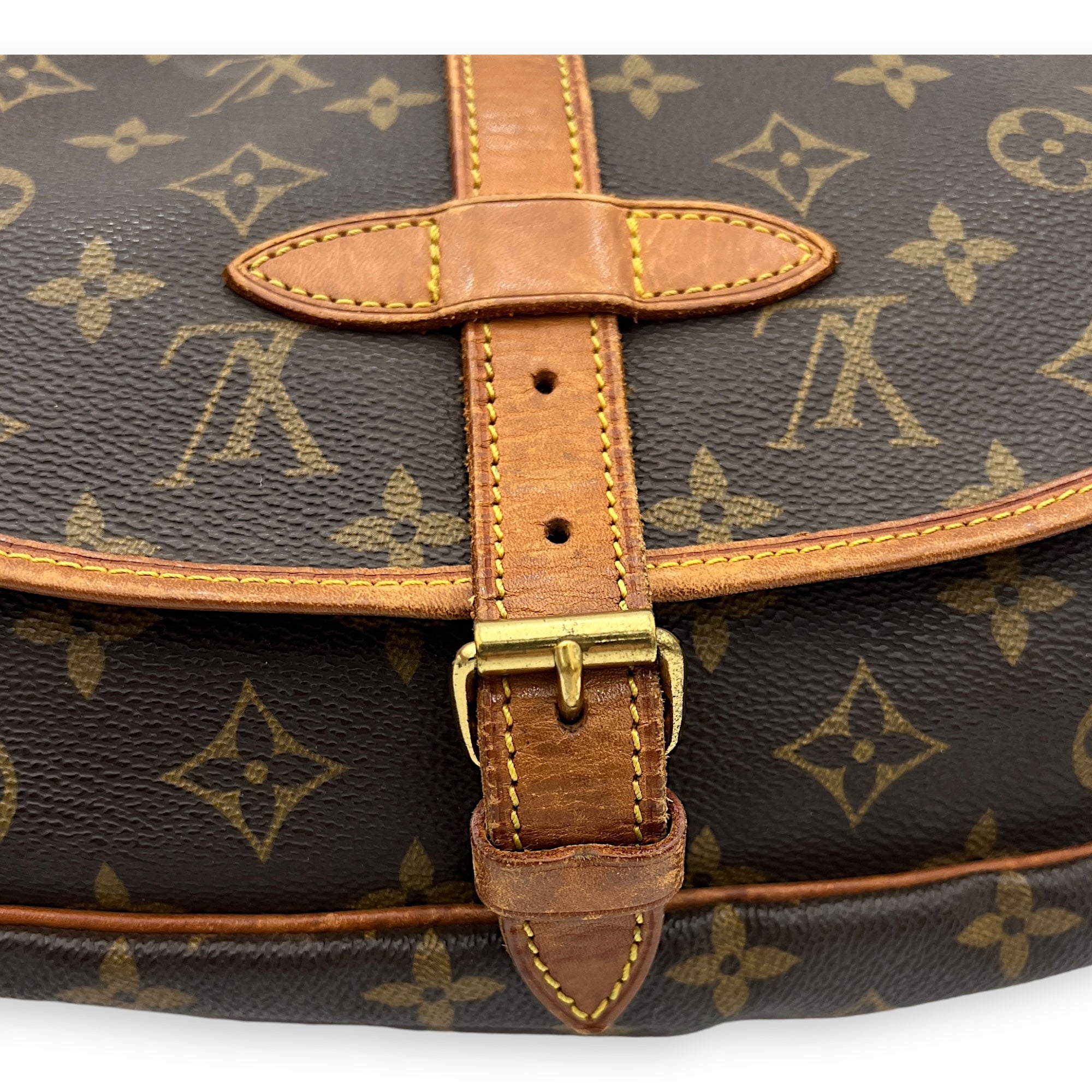 Saumur Crossbody Bag Brown in Monogram Coated Canvas, Gold hardware