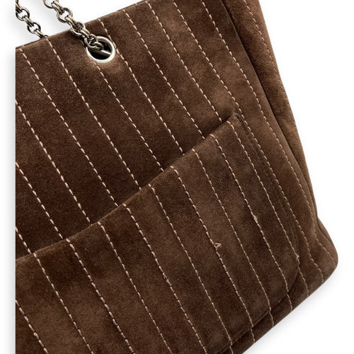 Quilted Vertical Mademoiselle Brown Tote Bag in Suede Leather, Silver hardware