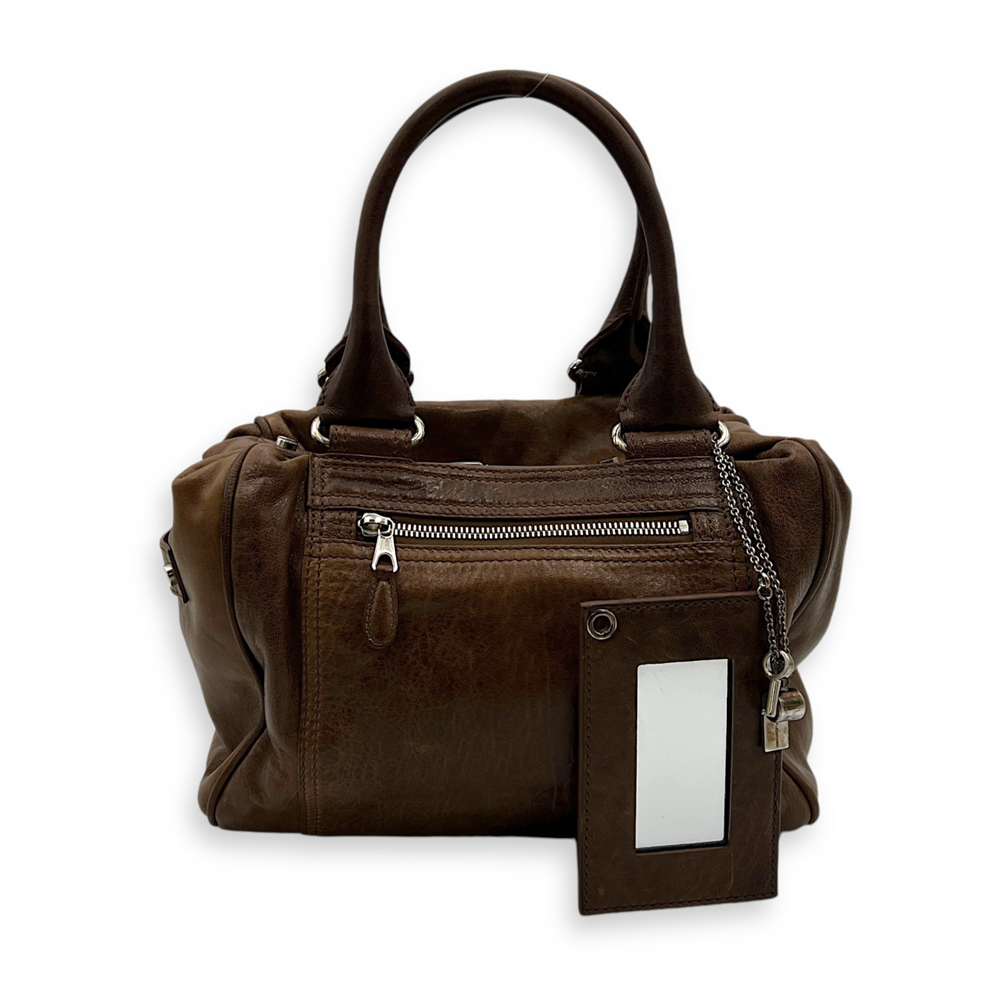 Whistle Brown Top Handle Bag in Goat Leather, Silver hardware