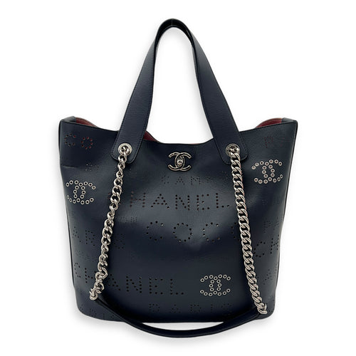 Perforated CC Tote Bag Blue in Calfskin, Silver hardware