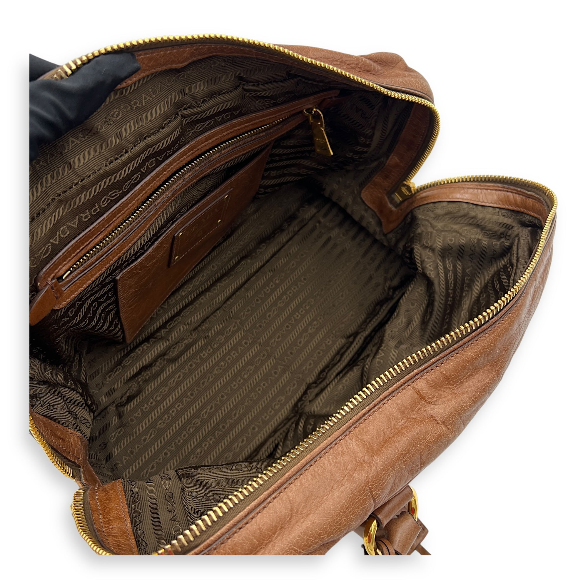 Boston Top Handle Bag Brown in Calfskin, Gold hardware