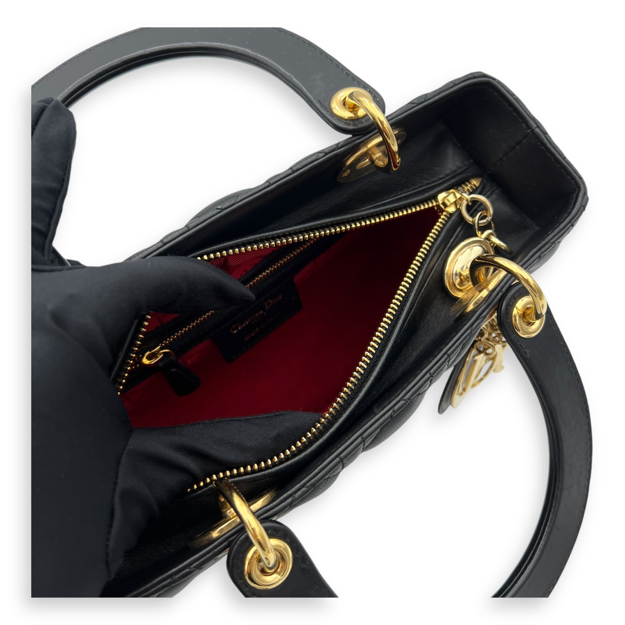 Lady Dior Medium Black Top Handle Bag in Lambskin, Gold hardware