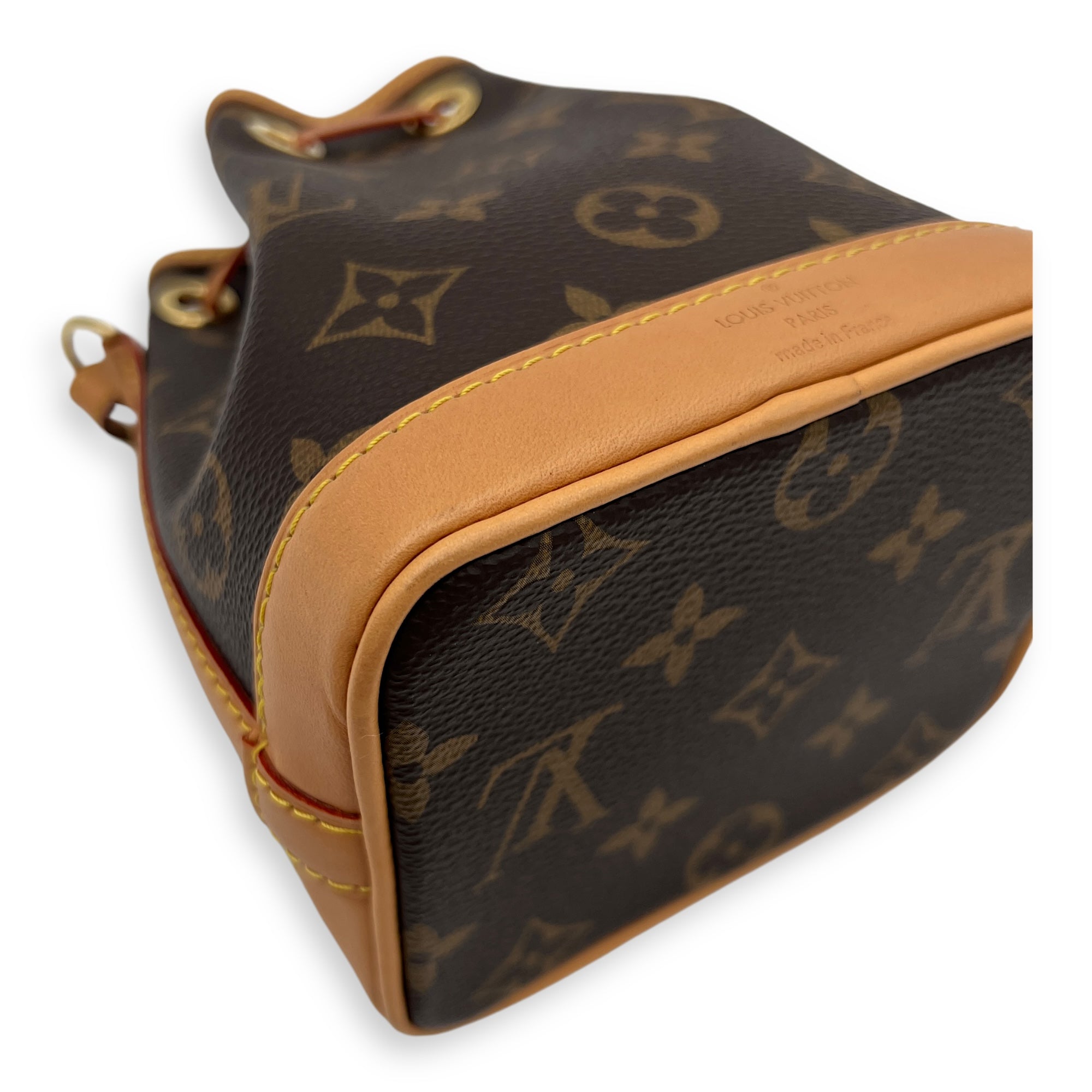 Noe Nano Brown Bucket Bag in Monogram Coated Canvas, Gold hardware