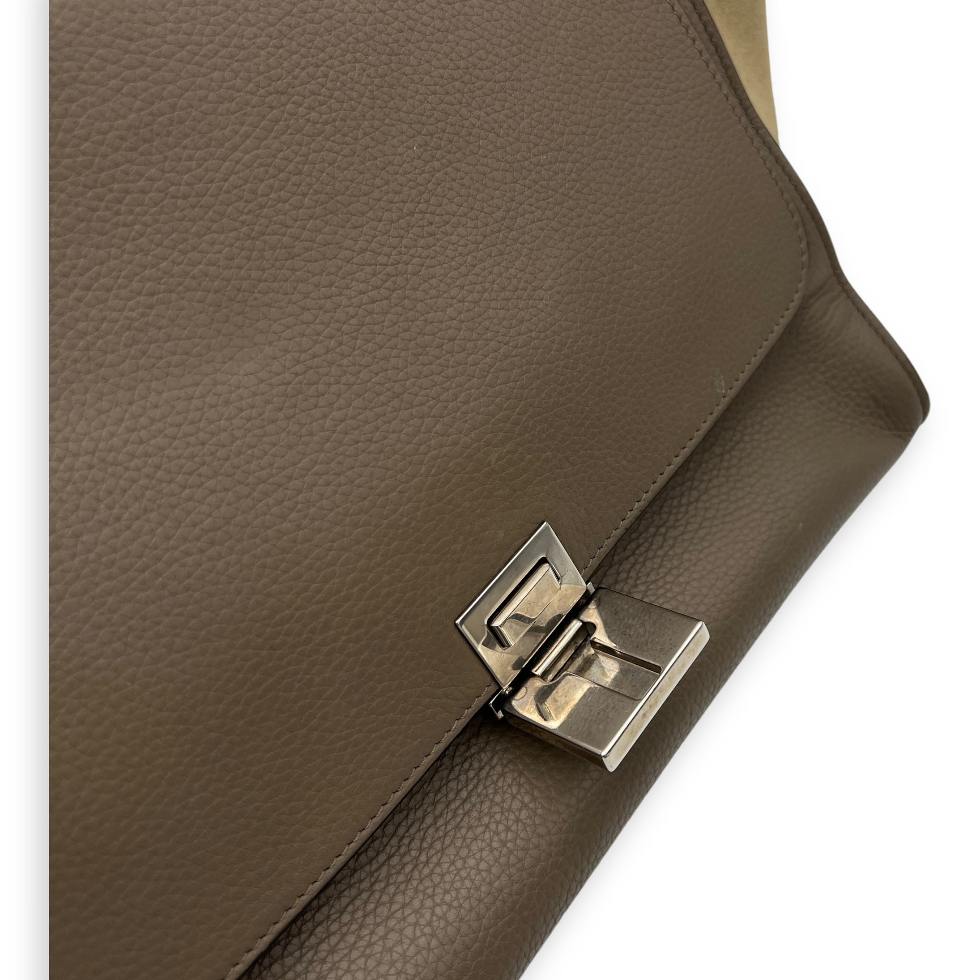 Trapeze Small Brown Top Handle Bag in Calfskin, Silver hardware