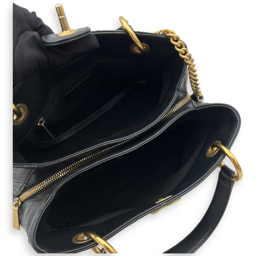 V Stitch Top Handle Bag Black in Calfskin, Gold hardware