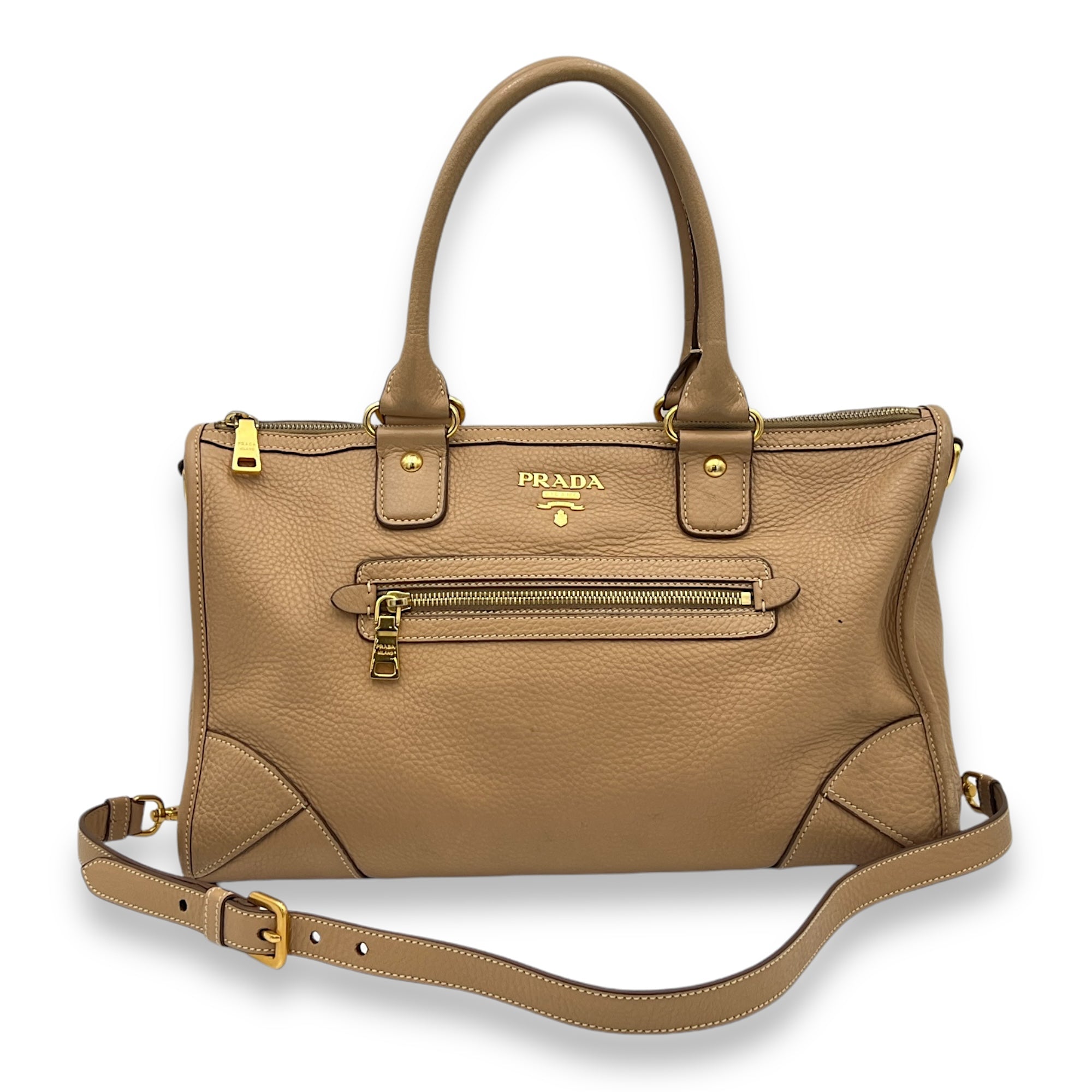 Logo Top Handle Bag Brown in Calfskin, Gold hardware