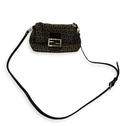 Fendi Baguette Crossbody Bag Brown in Jacquard, Gold hardware_10