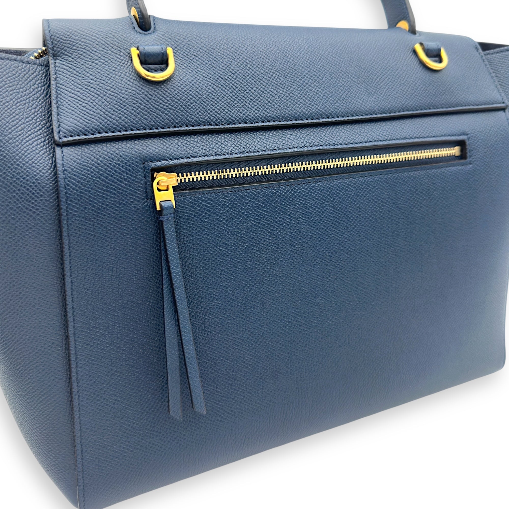 Celine Luggage Mini Blue Top Handle Bag in Caviar Leather, Gold hardware_6