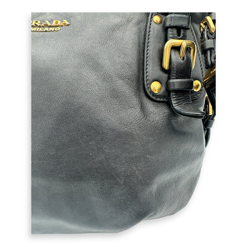 Prada Logo Top Handle Bag Black in Calfskin, Gold hardware_10