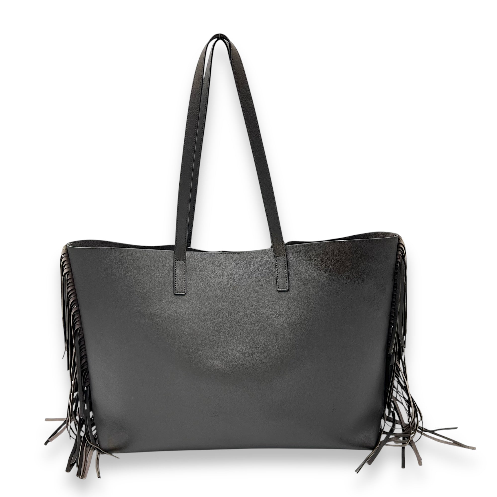 Saint Laurent East West Shopping Fringe Tote Bag Grey in Calfskin, Silver hardware_2